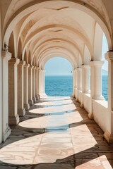 A long, narrow hallway with white pillars and a blue sky in the background. The hallway is empty and the only person visible is a shadow on the wall