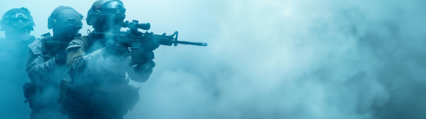 Thai special forces team in silhouette, soldiers marching at dawn, dramatic sky background