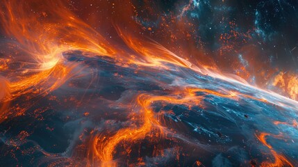 Fototapeta premium Waves of orange and blue energy pulsating through the vast expanse of space, creating an otherworldly spectacle that captivates the imagination.