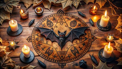 Elegant dark magic Ouija board with intricately designed bat silhouette, surrounded by mystical symbols, evoking Halloween mystique and witchcraft rituals.