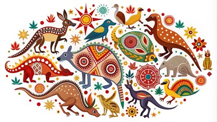 Vibrant cartoon illustration of iconic Australian animals surrounded by traditional Aboriginal symbols and a stylized Australia sign on white background.