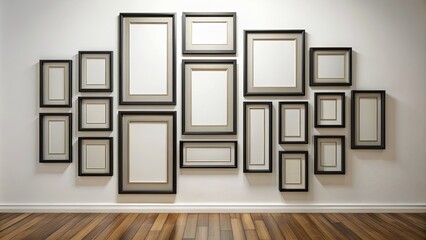 A dozen sleek black picture frames situated on a pristine white wall, awaiting artful additions, in a stylized 3D illustration setting.