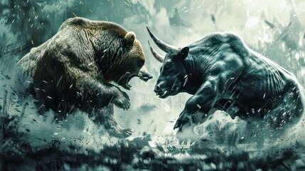 Dramatic illustration of a bear and bull facing off, representing market trends. The intense scene captures the essence of financial competition and volatility.