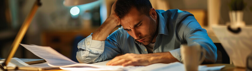Tired office worker at desk with late night paperwork