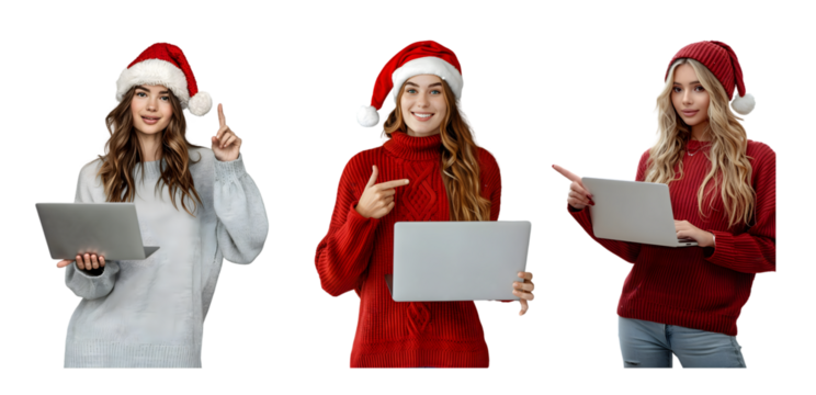 Woman wearing santa hat with laptop - Powered by Adobe