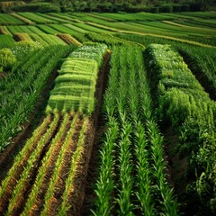 Fototapeta premium A close-up of lush green crops growing in rows, capturing the essence of agricultural production