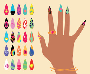 Nail design art. Bright colorful manicure design. Woman hand with fancy colored nails. Vector illustration