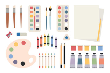 Painting tools, art supplies set. Paints, paint tubes, brushes, watercolor palette, crayons, pencils, erasers, sharpener. Vector illustration