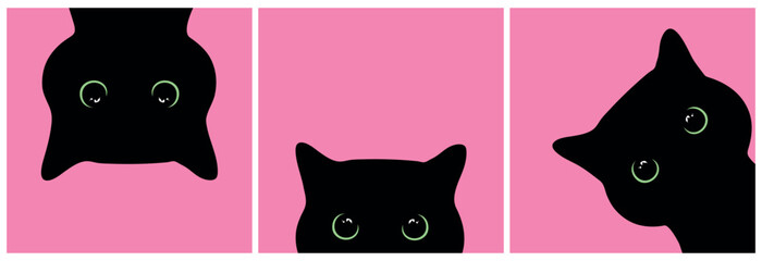 Peeking black cats set with big green eyes on pink background. Curious cats looking out. Cute black cat face. Vector illustration