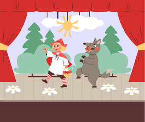 Theatre children actors performing Red Hood fairy tale in costumes on theater stage with red curtains cartoon vector