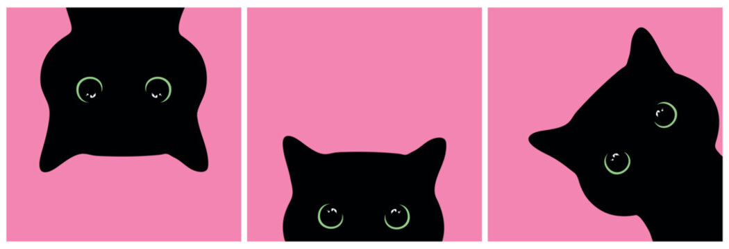 Peeking black cats set with big green eyes on pink background. Curious cats looking out. Cute black cat face. Vector illustration