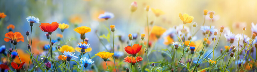  Blooming wildflowers in a sunlit meadow. Generative AI	