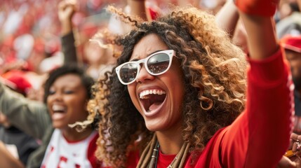 Female sports fan cheering at a college football game