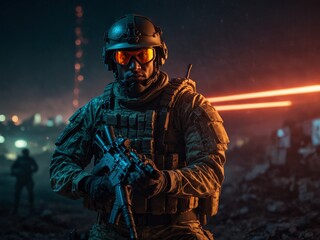A soldier in high-tech combat gear, holding a laser weapon, with a neon-lit battlefield in the background.