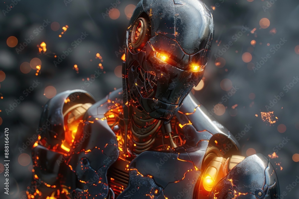 Poster image of a robot with glowing eyes and flames on its head, a robotic entity with a fiery glow emanat