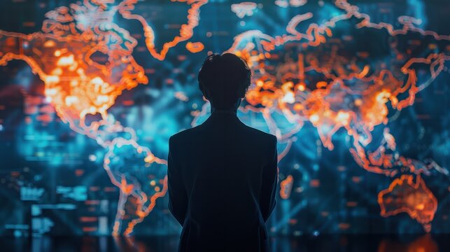 Geoeconomics and geopolitics: silhouette of a person with their back turned, looking at a world map on a screen to direct operations and control the future of countries.