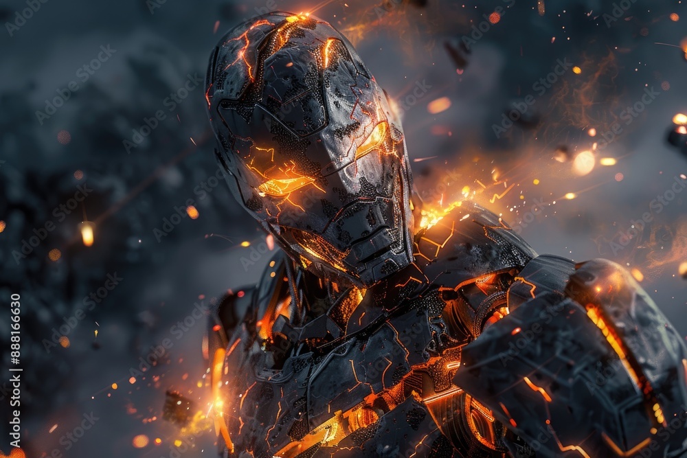 Poster a robotic figure with illuminated eyes and fiery head, a robotic entity with a fiery glow emanating 