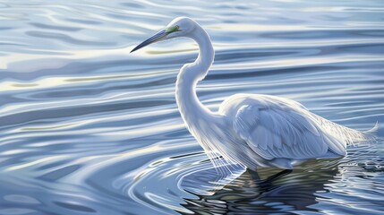 Fototapeta premium Gracefully gliding across the water, a majestic white bird with a long neck and legs embodies the tranquility and beauty of nature