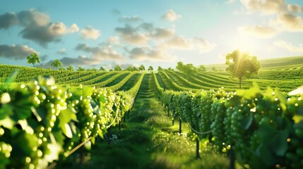 Green field with rows of vines for harvesting. Ripe grapes for the production of fine wines. Generative AI.