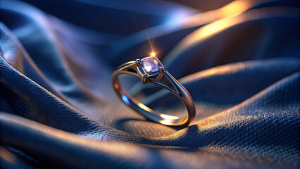 A gold ring with a sparkling diamond rests on a blue fabric surface