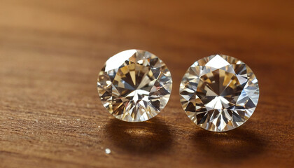Two round cut diamonds lay on a brown wooden surface