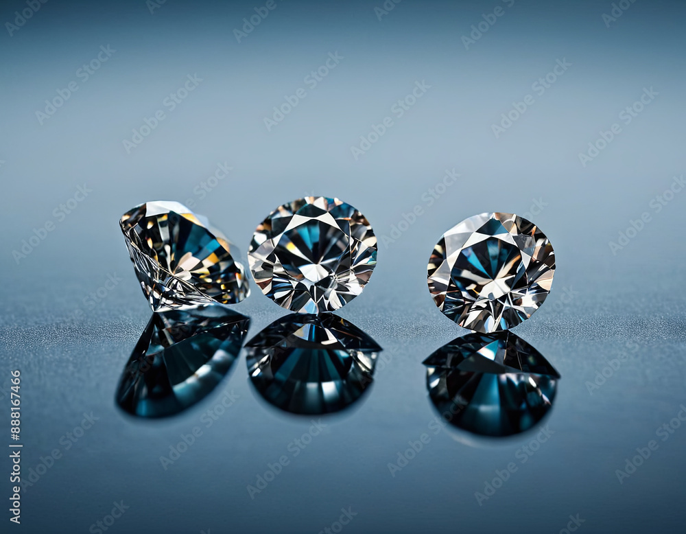 Poster three round diamonds are arranged in a row on a blue, reflective surface. they are all sparkling bri