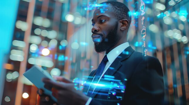 handsome black african american businessman holding smart tablet screen in hands analyzing the world economy stock market. holographic web design. city skyscrapers in blurry background
