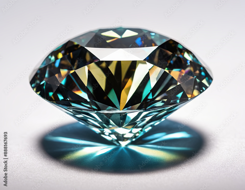 Poster a large, blue diamond rests on a white surface. it is cut with many facets, creating a dazzling arra