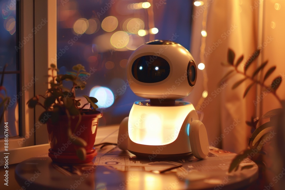 Poster a robot sitting on a table next to a window, with a view of a city skyline in the background, a robo