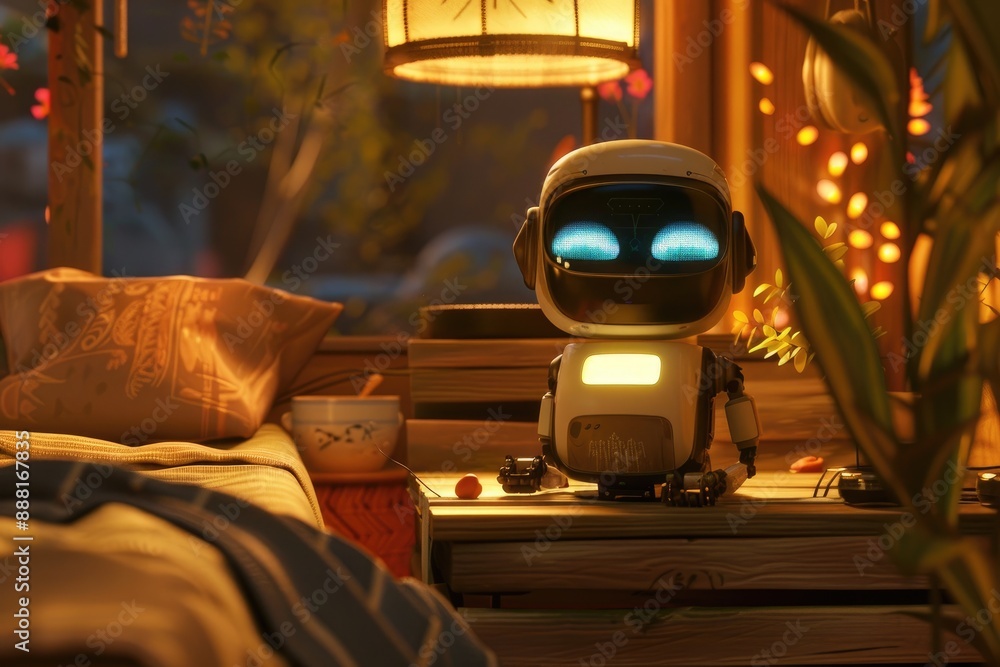 Poster a robot sitting on a table next to a window, with a view of a city skyline in the background, a robo