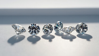 Six round cut diamonds are arranged in a row on a white surface. Light reflects off the diamonds' facets, creating a sparkle