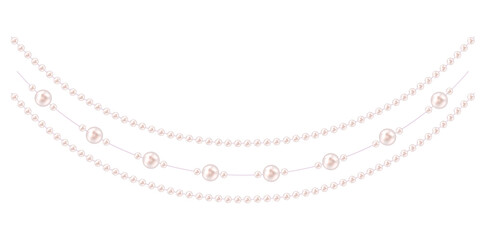 Stunning Pearl Necklace On White Background, Vintage Jewelry Beads Garland Vector Illustration.	