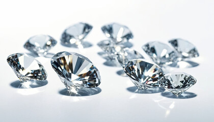 A collection of brilliant, cut diamonds is scattered on a white surface, reflecting light and casting shadows