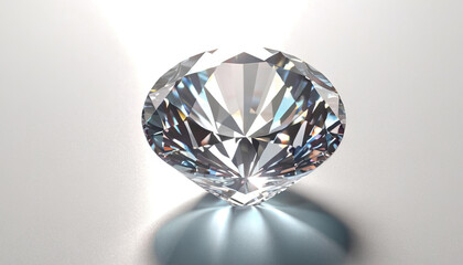 A large, clear diamond sits on a white surface, casting a reflection of light