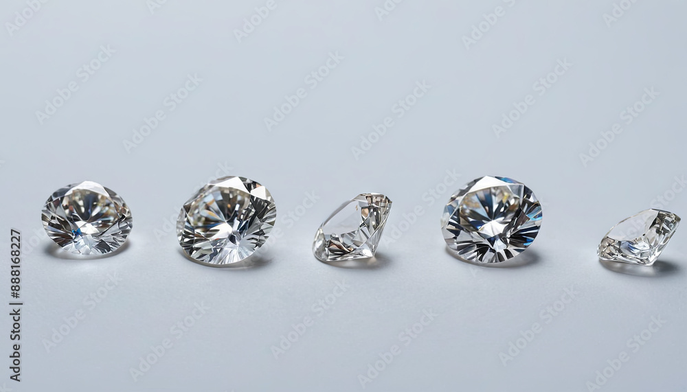 Poster five round cut diamonds of different sizes are arranged in a line on a white background