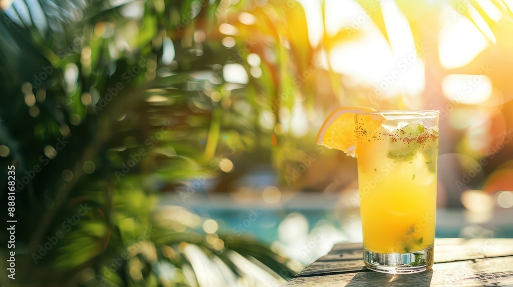 Poster a refreshing tropical drink with a palm tree in the background