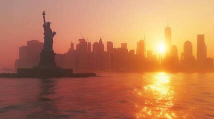 Naklejka premium Iconic Lady: Statue of Liberty Silhouetted Against the Manhattan Sunset