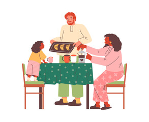 Family enjoying together breakfast, vector cartoon happy father baker holding tray of croissants, mother makes coffee
