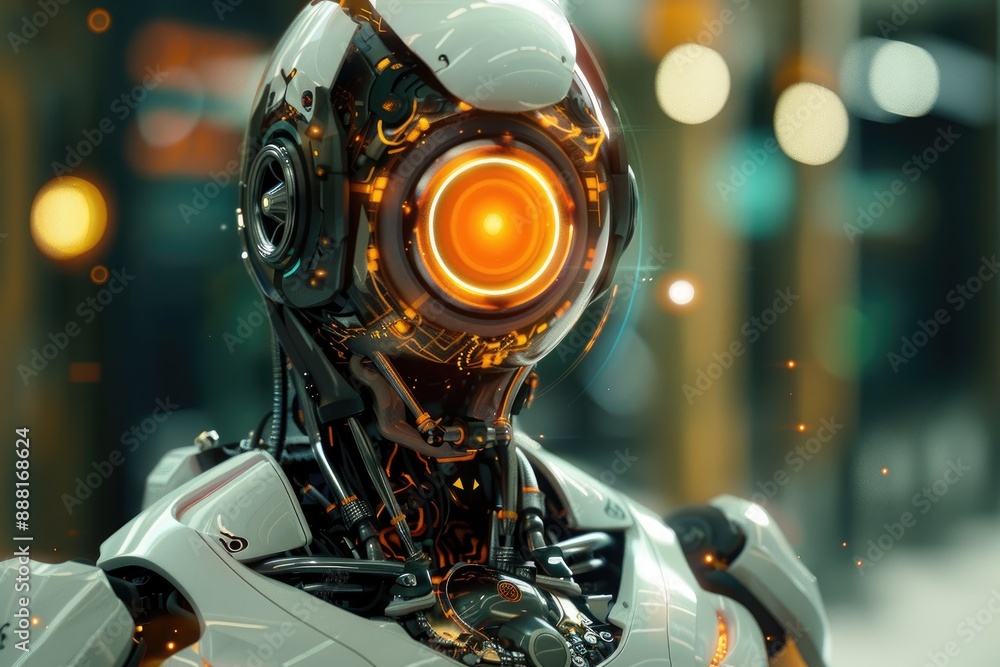 Poster a robot with a radiant, pulsing core that powers its every movement, ai generated