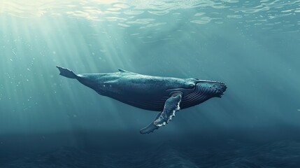 Fototapeta premium Lonely humpback whale swimming in the vast ocean, whale, humpback, mammal, ocean, solitude, peaceful, majestic, marine, wildlife
