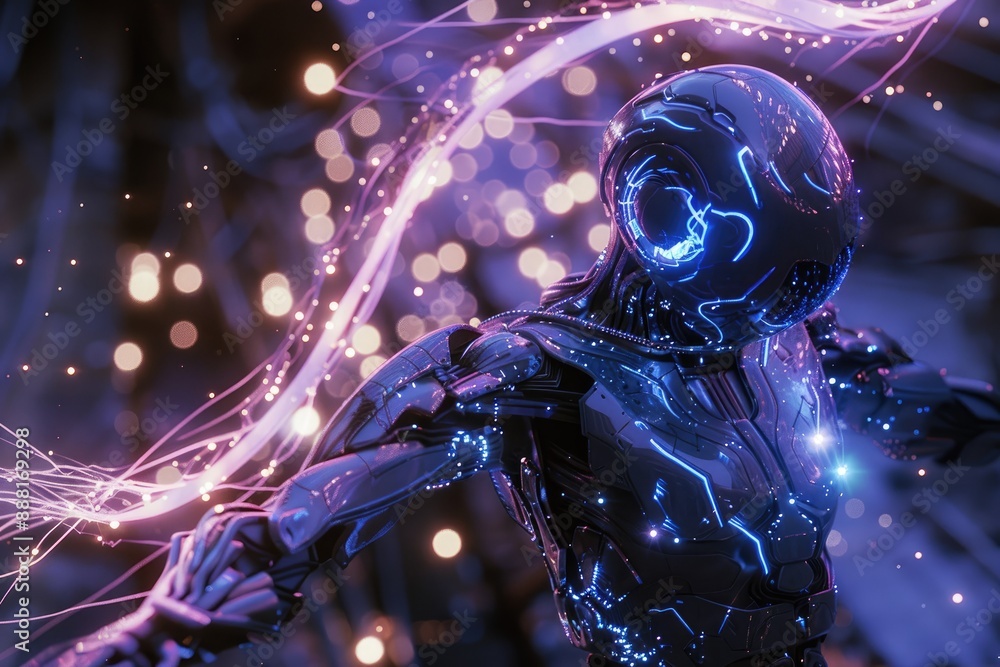 Poster a robot standing in front of a background of lights, a robotic being with a cascading display of shi