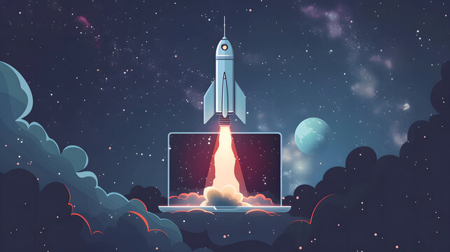 A rocket is launching from a laptop screen