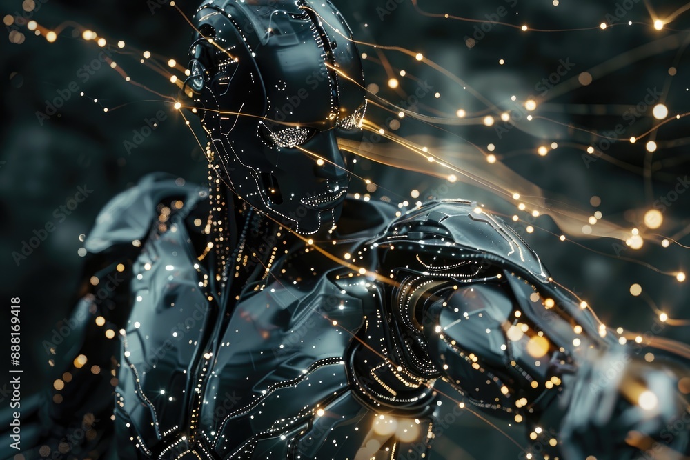 Poster an illuminated background with a robot in the foreground, a robotic being with a cascading display o