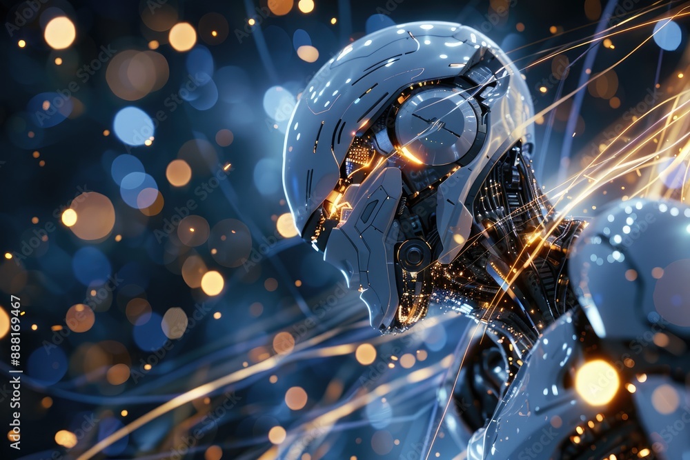 Poster a robot standing in front of a background of lights, a robotic being with a cascading display of shi