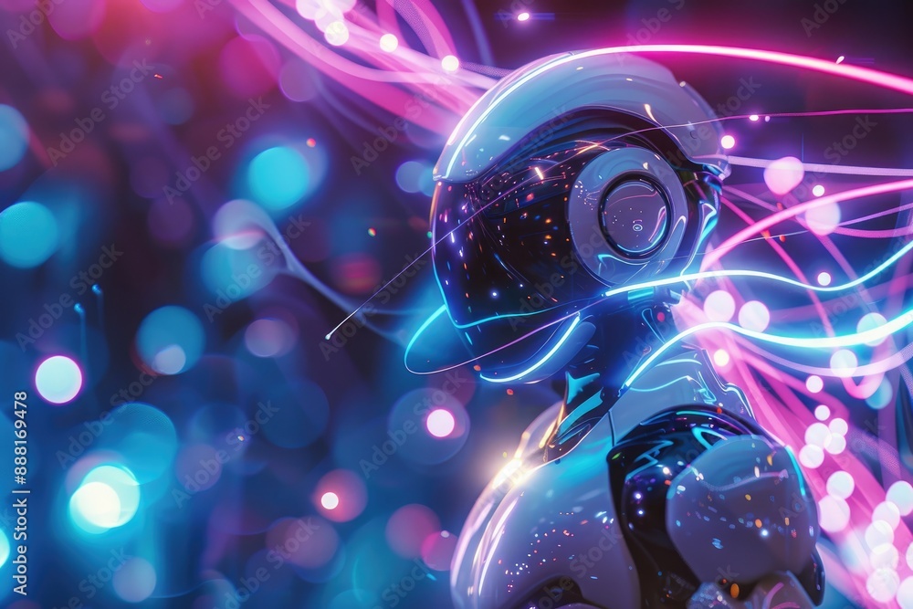 Poster an illuminated background with a robot in the foreground, a robotic being with a cascading display o
