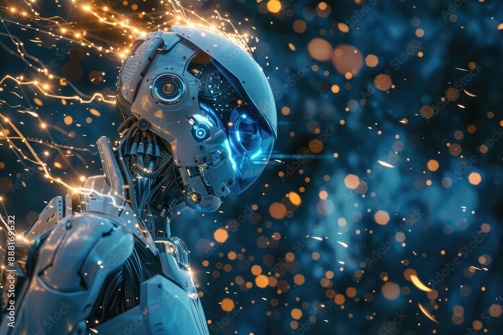 Poster an illuminated background with a robot in the foreground, a robotic being with a cascading display o