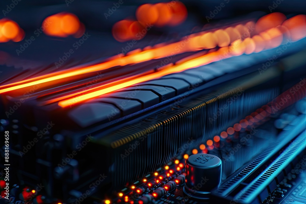 Poster close-up of advanced computer ram module with vibrant lights, showcasing high performance technology