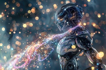 A mechanical figure against a backdrop of glowing lights, A robotic being with a cascading display of shimmering lights trailing behind it, AI generated