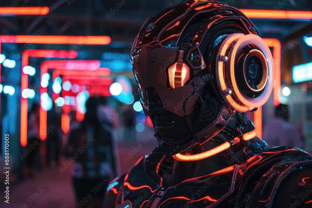 Poster an advanced robot featuring neon lights illuminating its head, a robotic being with pulsating, neon 