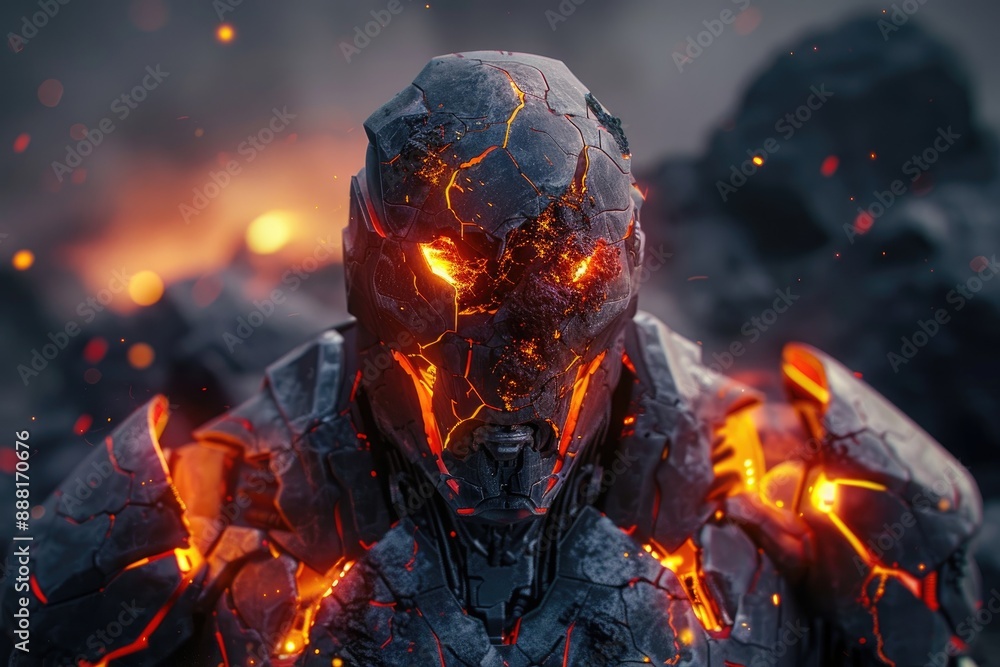 Poster a robotic entity with a fiery glow emanating from cracks in its armor, ai generated